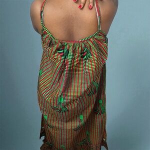 Elegant Green and Red Long Sleeve African Dress